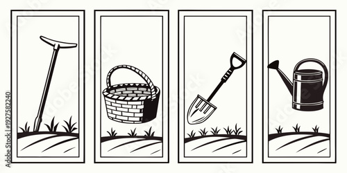 Four different gardening tools illustrated in a row with simple line drawings Vector