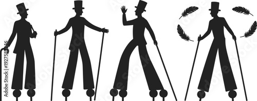Stilt walker gentleman silhouette set, circus performer with cane and top hat isolated on white background vintage illustration