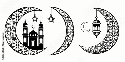 A beautiful illustration of two crescent moons with intricate designs and symbols Vector