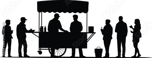 Street food cart silhouette with vendors and customers, urban outdoor dining scene, casual lifestyle illustration, social interaction, marketplace culture, vector art