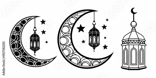 Three crescent moons with lanterns and a minaret in a symmetrical arrangement Vector