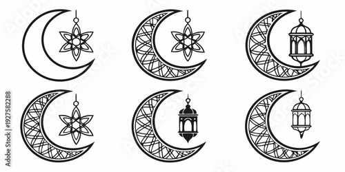 A collection of six different crescent moon and star symbols from various cultures and religions Vector
