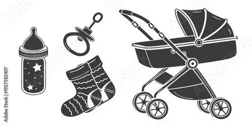 A collection of baby items including a bottle, pacifier, booties, and a stroller. Vector
