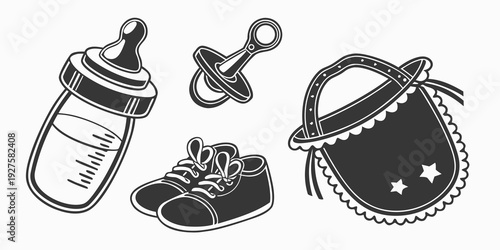 Assorted baby accessories including a bottle, pacifier, booties, and hat. Vector