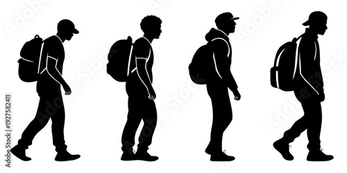 Four silhouettes of people walking with backpacks in different styles Vector