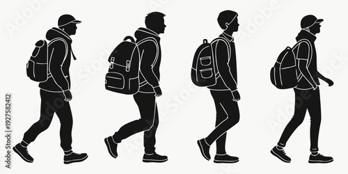 Four silhouettes of people walking with backpacks in a line. Vector