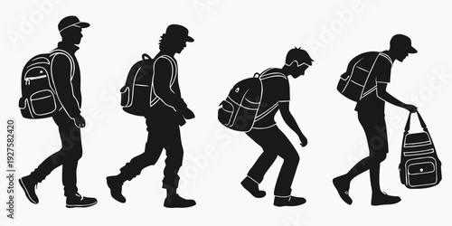 Illustration of four people walking with backpacks, showing different postures and styles Vector
