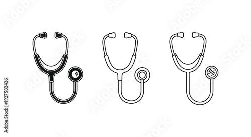Collection of three stylized vector stethoscope icons representing medical diagnostic tools clearly