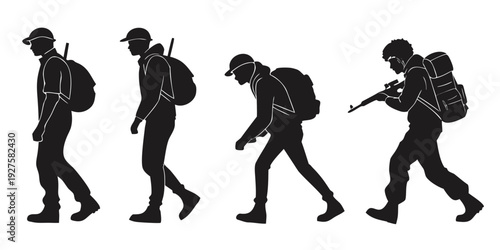 Illustration of a person walking with a backpack in four different stages of motion Vector