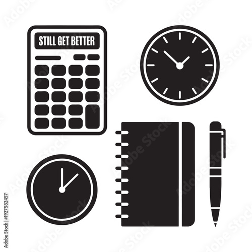 A collection of black silhouettes depicting office supplies including a calculator clocks notebook and pen high quality