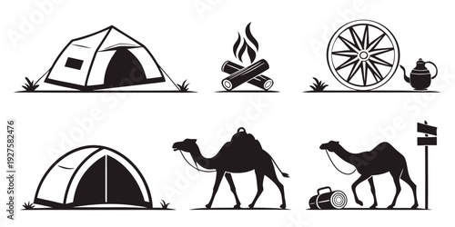 Illustrations of camping, wildlife, and adventure activities in a desert setting Vector