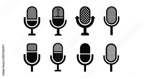 Collection of various vintage and modern microphone vector icons for audio design
