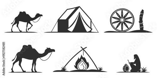 Adventure and exploration icons featuring camels, tents, and survival tools Vector