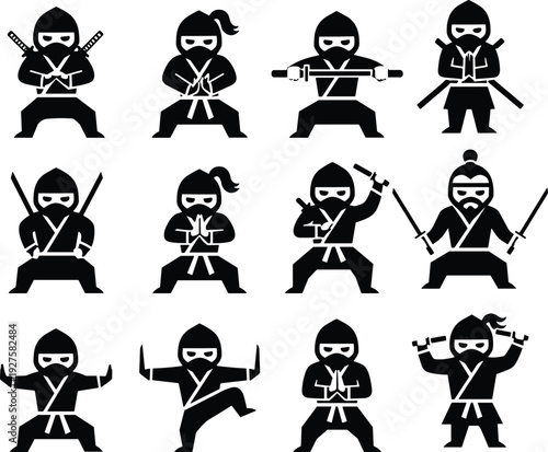 Ninja silhouettes, martial arts icons, katana swords, nunchucks poses, combat stances, stealth warriors, Japanese culture, martial discipline, ninja illustration, flavector