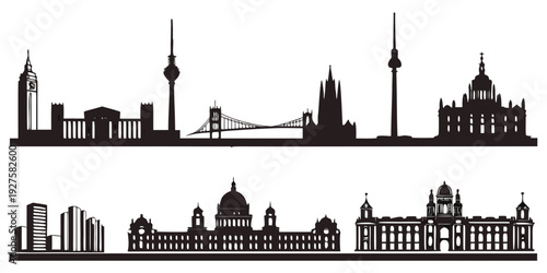 Silhouette of a city skyline featuring iconic landmarks and diverse architecture Vector