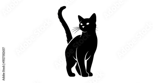 Black cat silhouette with glowing eyes standing alert.
