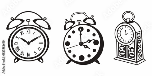 Three different types of alarm clocks displayed in a row Vector