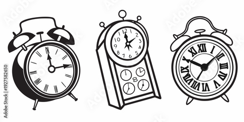 Three different types of alarm clocks are displayed in a row. Vector