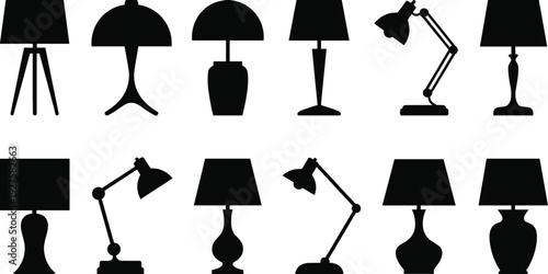 Table and floor lamp silhouette set, modern and vintage lighting collection isolated on white background, decorative home furniture vector illustration