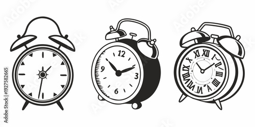 Three vintage alarm clocks showcasing different times and styles. Vector