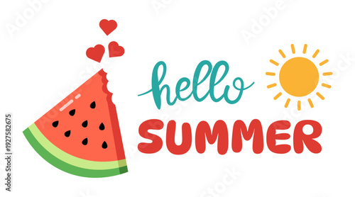 Hello summer text with watermelon slice and yellow sun