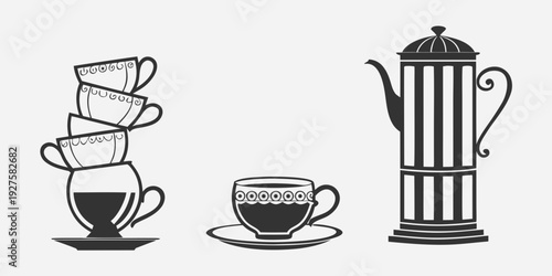 A charming illustration of a coffee set featuring a cup, saucer, and teapot Vector