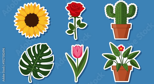 Colorful Plants & Flowers Sticker Collection on Blue Background