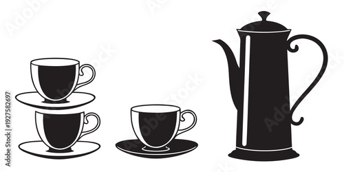 A classic tea set with a teapot and three cups on saucers. Vector