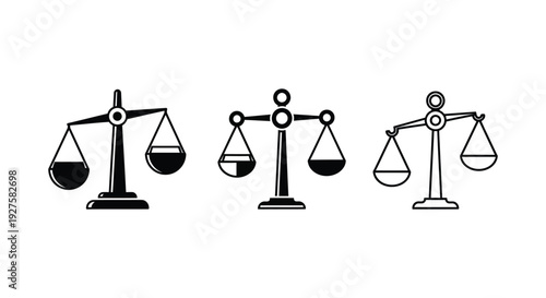 Three black and white vector scales of justice balance icons illustration set