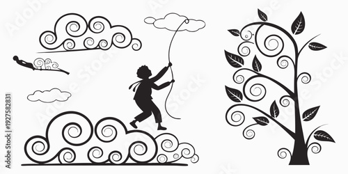 A whimsical scene of a rabbit leaping among clouds and a tree with a face. Vector
