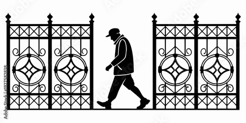 A person walking through an ornate iron gate in a park setting. Vector