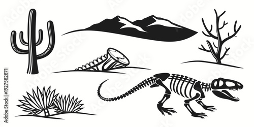 A prehistoric landscape featuring a cactus, a mountain, a desert plant, and a dinosaur skeleton. Vector