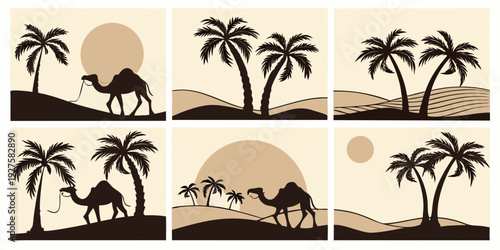 A serene tropical beach scene with palm trees and a sunset Vector