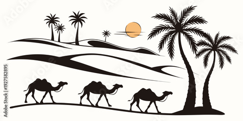 Camels and giraffes walking under palm trees in a desert landscape Vector