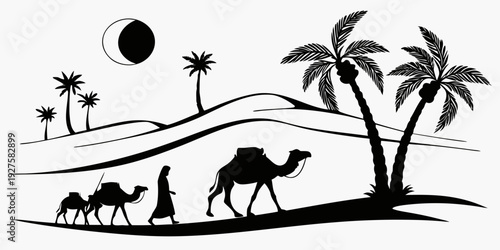 Camels and palm trees under a full moon in a desert landscape Vector