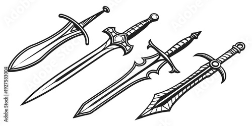 A collection of various medieval swords with intricate designs and sharp blades Vector