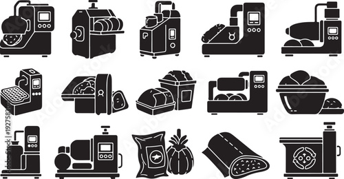 Black and white icons of various food processing machines