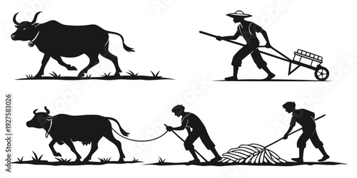 Ancient agricultural scene depicting oxen plowing fields and farmers sowing seeds Vector