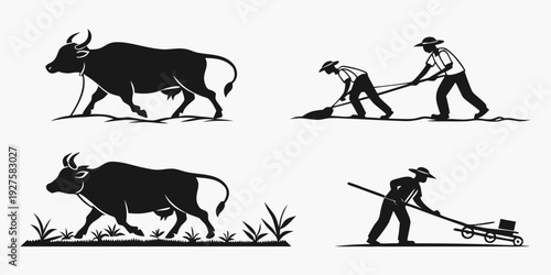 Historical depictions of agriculture with oxen and human laborers Vector