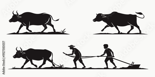 A sequence of images showing the evolution of man and his relationship with cattle. Vector