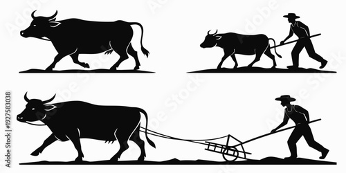 Ancient agricultural practices featuring humans and animals working together Vector