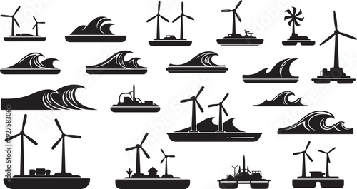 Renewable Energy Ocean Wind Turbines and Waves Silhouette Icons