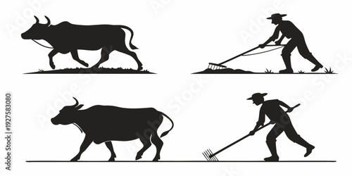 Historical depiction of oxen plowing a field with a farmer guiding them. Vector