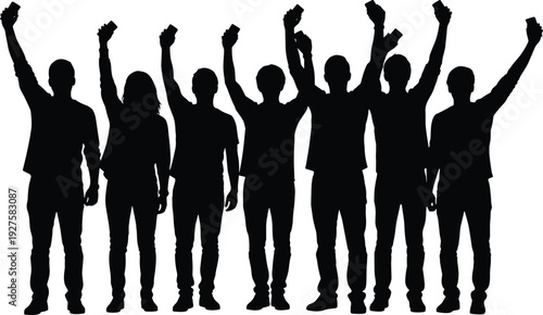 People silhouette group, crowd raising hands with smartphones, social media engagement concept black vector illustration isolated on white background