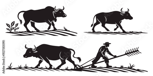 Ancient civilizations using animals to transport heavy logs and stones Vector