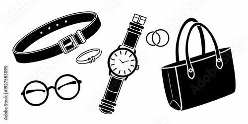 An assortment of stylish accessories including a watch, handbag, glasses, and bracelet Vector