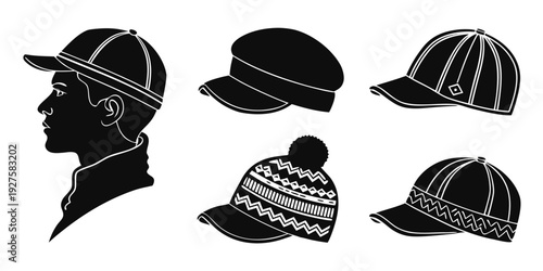 A collection of various types of hats and caps displayed in silhouette. Vector