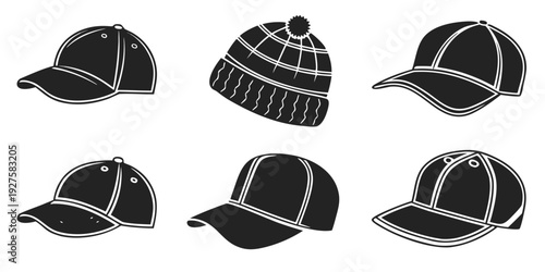 Assorted baseball caps and beanies showcasing various designs and styles Vector