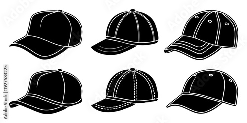 Six different styles of black baseball caps with unique designs and patterns Vector