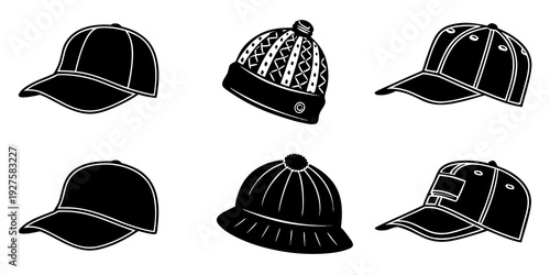 A collection of various types of hats displayed in a grid format Vector